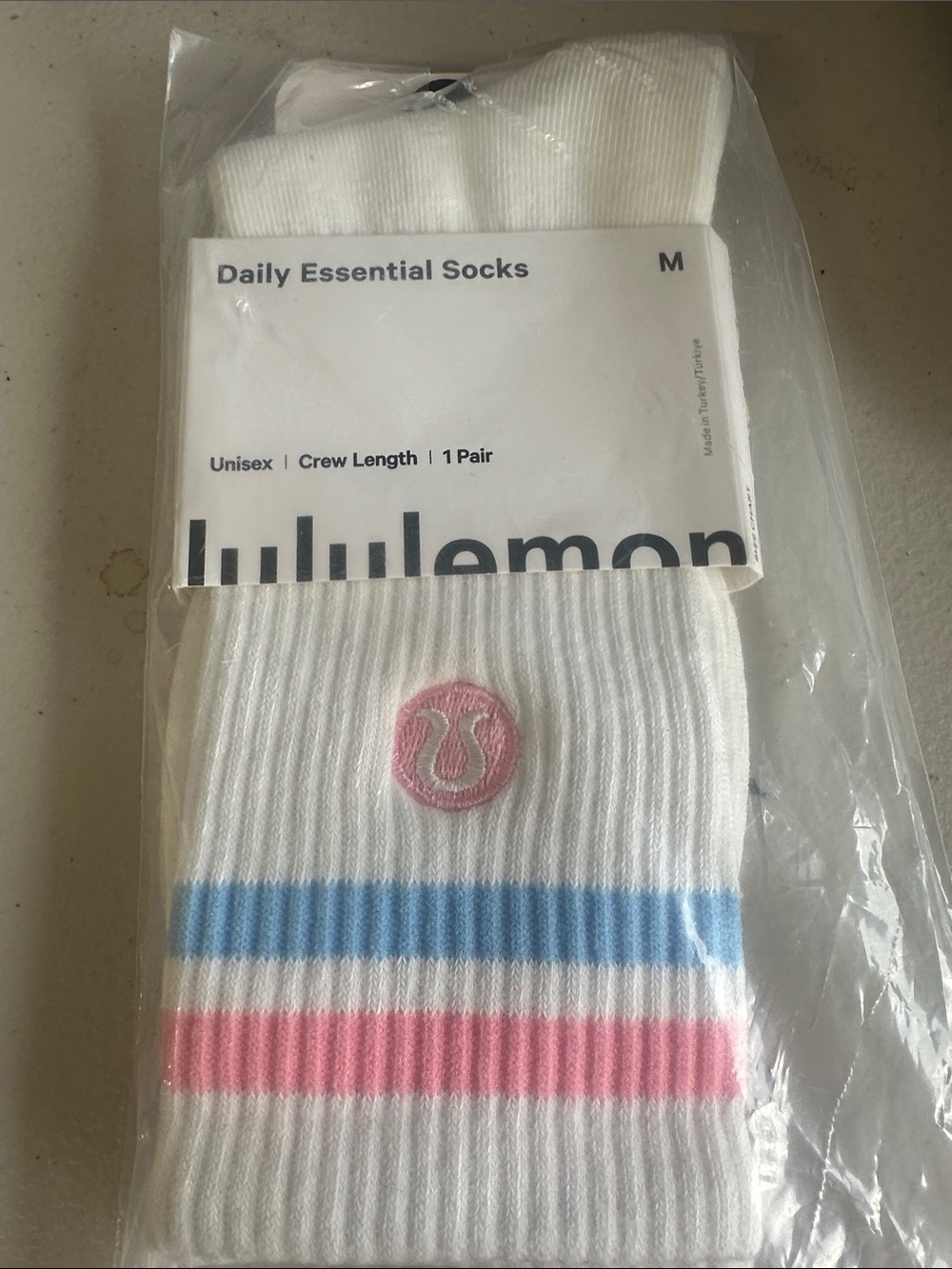 lululemon athletica White Crew Socks with Pink & Blue Stripes 193